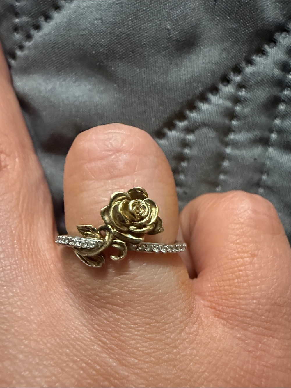 Gold Rose Floral Ring with Pavé Band - Women Jewelry